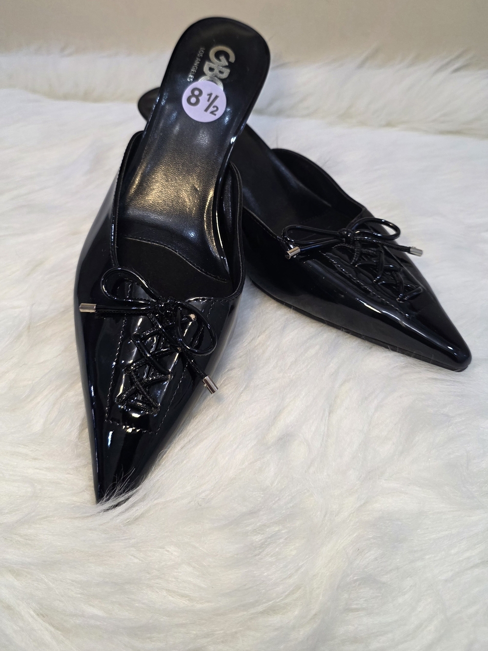 GBG Los Angeles Black Patent Pointed-Toe Slip-On Mules with Bow Detail